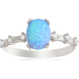 925 Ayar Gümüş Yüzük Oval Mavi Opal Taş Vintage Yüzük