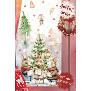 Yılbaşı Tavşanları Sticker Seti Şeffaf, Yeni Yıl Kış Konseptli Cam Sticker