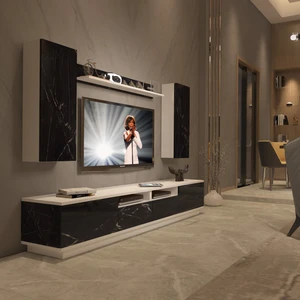 Trendstyle 5220DS Mdf Tv Ünitesi Tv Sehpası Beyaz Siyah Mermer