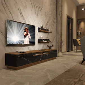 Trendstyle 220RS Mdf Tv Ünitesi Tv Sehpası Ceviz Siyah Mermer