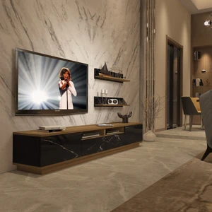 Trendstyle 220RS Mdf Tv Ünitesi Tv Sehpası Pera Siyah Mermer