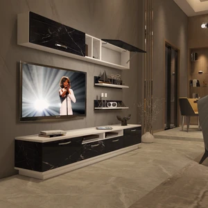 Trendstyle 5220 Mdf Tv Ünitesi Tv Sehpası Beyaz Siyah Mermer