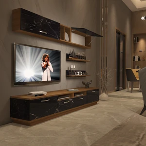Trendstyle 5220 Mdf Tv Ünitesi Tv Sehpası Ceviz Siyah Mermer