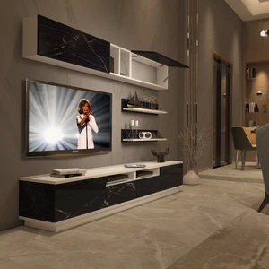 Trendstyle 5220S Mdf Tv Ünitesi Tv Sehpası Beyaz Siyah Mermer