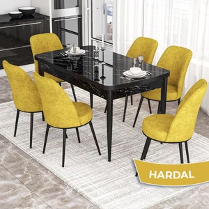 Concept Kor Serisi, Siyah Mermer Desen 70X114 Açılabilir Mutfak Masa Takımı, 6 Sandalye