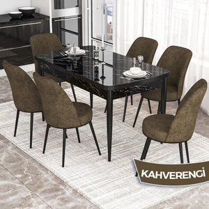 Concept Kor Serisi, Siyah Mermer Desen 70X114 Açılabilir Mutfak Masa Takımı, 6 Sandalye