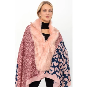 Saria Moda Leopar Desen Kürklü Püsküllü Panço