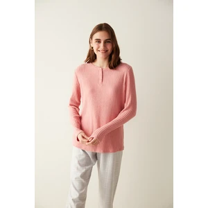 Pembe Düğme Detaylı Termal Tişört Pijama Üstü