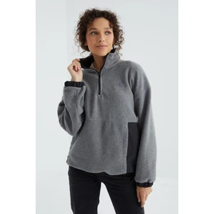 Gri Melanj Yarım Fermuar Etek Ucu Büzgülü Dik Yaka  Oversize Kadın Polar Sweatshirt - 97236