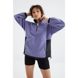 Açık Eflatun Yarım Fermuar Etek Ucu Büzgülü Dik Yaka  Oversize Kadın Polar Sweatshirt - 97236