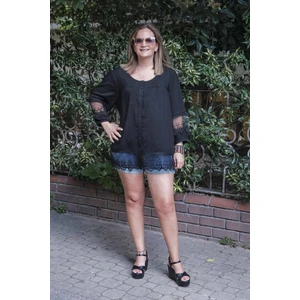 Zer Otantik Zerotantik Dantel Detaylı Büyük Beden Gömlek Bluz Siyah