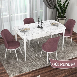 Concept  Kor Serisi, Beyaz Mermer Desen 70X114 Açılabilir Mutfak Masası Takımı, 4 Sandalye