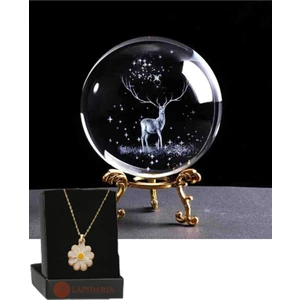 3D Karlar Ülkesi Geyik Tasarımlı Metal Ayaklı Cam Küre Dekoratif ve Papatya Kolye
