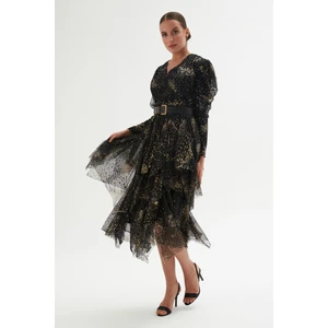 Kruvaze Yaka Baskılı Tül Abiye Elbise 1773-SIYAH 38