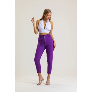 Mor Beli Büzgülü Lastikli Mom Jean Pantolon