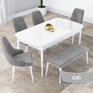 Concept Kar Serisi, 80X132 Açılabilir Mdf Mutfak Masa Takımı, Beyaz Masa 4 Sandalye ve 1 Bench