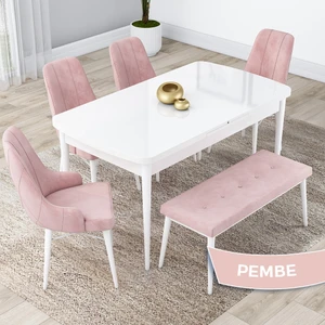 Concept Kar Serisi, 80X132 Açılabilir Mdf Mutfak Masa Takımı, Beyaz Masa 4 Sandalye ve 1 Bench