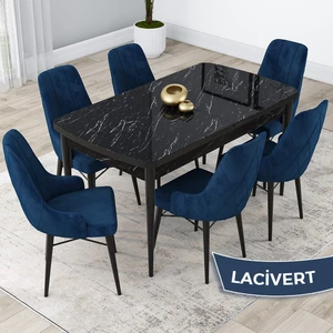Concept Kar Serisi, 80X132 Açılabilir Mdf Mutfak Masa Takımı, Siyah Mermer Desen Masa 6 Sandalye