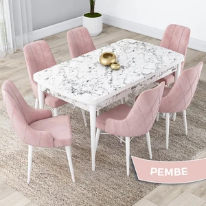 Concept Kar Serisi,  Açılabilir 80X132 Mdf Mutfak Masa Takımı, Beyaz Mermer Desen Masa 6 Sandalye