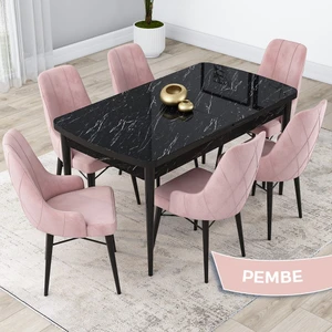 Concept Kar Serisi, 80X132 Açılabilir Mdf Mutfak Masa Takımı, Siyah Mermer Desen Masa 6 Sandalye