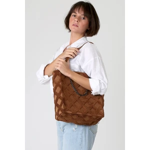 Kadın Kumaş El ve Omuz Çantası Tweed Taba Kürklü Peluş Örme Kol Çantası
