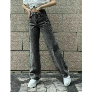 Kadın Füme Kar Yıkamalısüper Yüksek Belgeniş Paça Jean Likralı Salaş Kot Pantolon (Wide Leg)