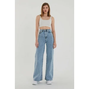 Süper Yüksek Bel Likralı Kar Yıkamalı Geniş Paça Kot Pantolon (Wide Leg)