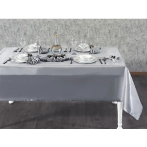 Kristal Monoray Kumaş Açık Gri Masa Örtüsü ve Pudra Çiçekli Peçeteli Sofra Takımı 8 Kişilik Dikdörtgen 160x220 cm 17 Parça - 727