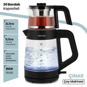 GM8320S Çınar 1900W Geniş Hazneli Demlikli Cam Çay Makinesi ve Işıklı Su Isıtıcısı Siyah