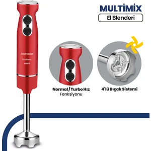 Multimix Kırmızı 1000 Watt 4 Bıçaklı Paslanmaz Çelik Turbo Hız Ayarlı El Blender BY5212K