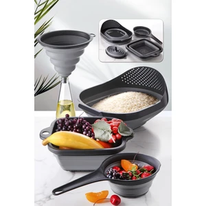Kitchen Life 4'lü Akordiyon Katlanır Süzgeç Seti - Mutfak Çeyiz Seti (Akordeon Saplı Pirinç Süzgeci Huni Gri)