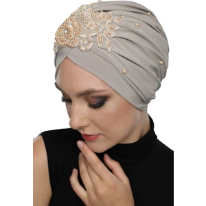 Fidan Bone Kopma Astarlı Işlemeli Kum Beji Gül Motifli Hazır Türban Tesettür Abiye Bone