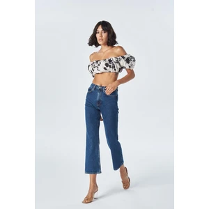 Orta Mavi Fermuarlı Kick Flare Jean Pantolon C 4528-026