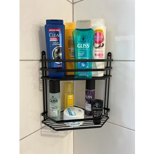 Yaylı Dekor Iki Katlı Siyah Banyo Köşe Rafı
