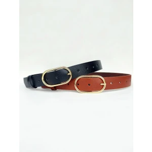 %100 Hakiki Deri Gold Tokalı 2'li Kadın Kemer KMRX1019