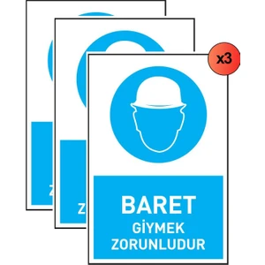 İş Güvenliği 3 Adet Levhası Baret Giymek Zorunludur Uyarı - Işaret Levhası(Bant ile Beraber)