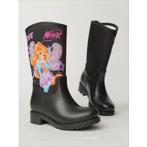 Sea & Blue Shoes Bloom Winx Baskılı Siyah Su Geçirmeyen Kız Çocuk Yağmur Çizmesi