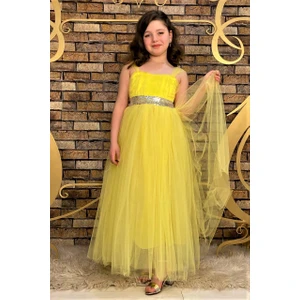 Abiye Kids Beli Pullu Sarı Renk Çocuk Abiye ABY4456
