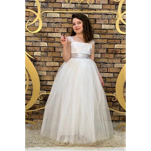 Abiye Kids Beli Pullu Beyaz Renk Çocuk Abiye ABY4456