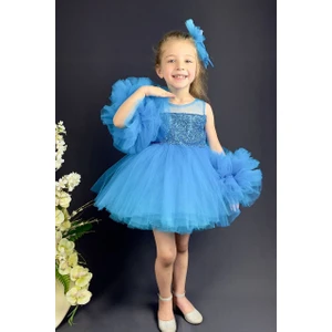 Abiye Kids Mavi Pullu Kol Detaylı Tarz Çocuk Abiye ABY458