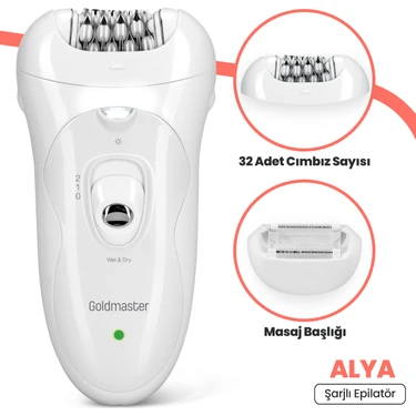 Goldmaster Alya Şarjlı 2in1 Islak Kuru Epilatör ve Masaj Başlığı 32 Adet Cımbız Sayısı ile LED