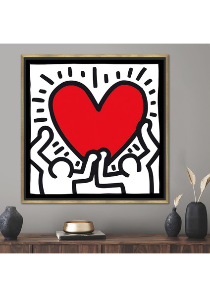 1 Parça Gold Çerçeveli Kanvas Tablo, Keith Haring Love Poster, Kırmızı Kalp Kanvas,