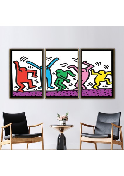 3 Parçalı Gold Çerçeveli Kanvas Tablo, Keith Haring Dans Insanlar, Keith Haring Baskılı,