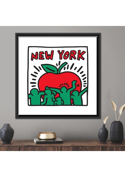 1 Parça Siyah Çerçeveli Kanvas Tablo, Keith Haring New York, Grafiti Sanat Eseri, New York Kanvas Sa