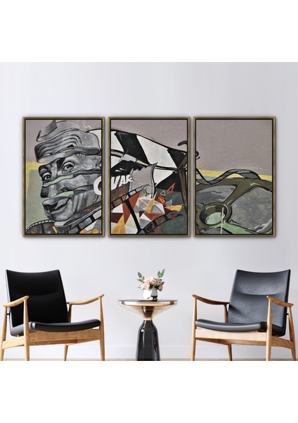 3 Parçalı Gold Çerçeveli Kanvas Tablo, Adam Kanvas, Gerçeküstücülük Sanat Eseri,