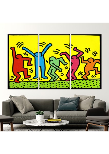 3 Parçalı Kanvas Tablo, Keith Haring Dans Insanlar, Grafiti 3 Boyutlu Kanvas,