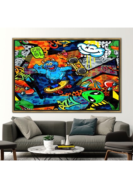 1 Parça Gold Çerçeveli Kanvas Tablo, Sevimli Canavarlar Grafiti Hediye Kanvas, Grafiti Sanat Eseri,