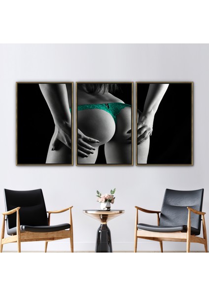 3 Parçalı Gold Çerçeveli Kanvas Tablo, Yeşil Külotlu Kız, Kırmızı Iç Çamaşırı Sanat Eseri,