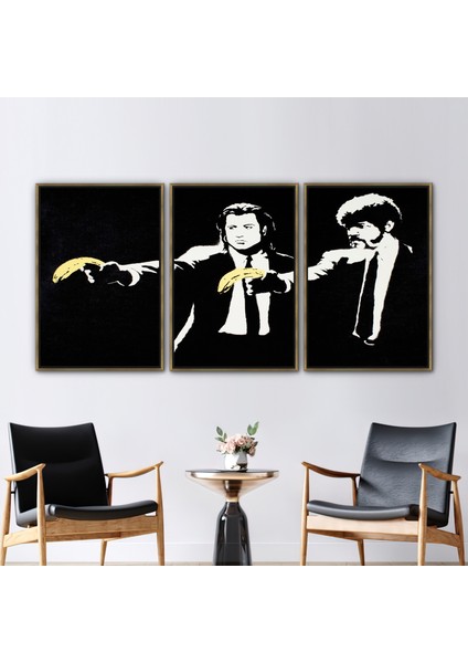 3 Parçalı Gold Çerçeveli Kanvas Tablo, Banksy Muz Silahı, Muz Grafiti Kanvas Sanatı,