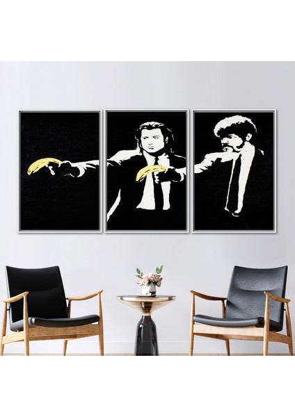 3 Parçalı Beyaz Çerçeveli Kanvas Tablo, Banksy Muz Silahı, Soyut Kanvas Dekor, Kurgu Sanat,